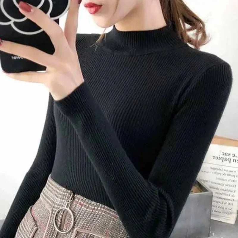 Autumn Winter Mock Neck Women Sweater Vintage Basic Solid Knitted Tops Casual Slim Pullover Sweaters Simple Chic Jumpers