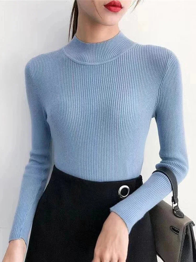 Autumn Winter Mock Neck Women Sweater Vintage Basic Solid Knitted Tops Casual Slim Pullover Sweaters Simple Chic Jumpers