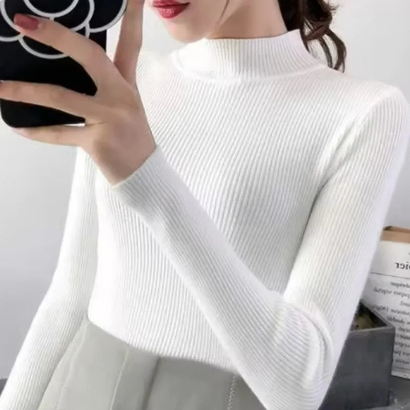 Autumn Winter Mock Neck Women Sweater Vintage Basic Solid Knitted Tops Casual Slim Pullover Sweaters Simple Chic Jumpers