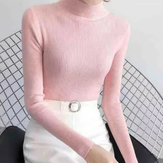 Autumn Winter Mock Neck Women Sweater Vintage Basic Solid Knitted Tops Casual Slim Pullover Sweaters Simple Chic Jumpers