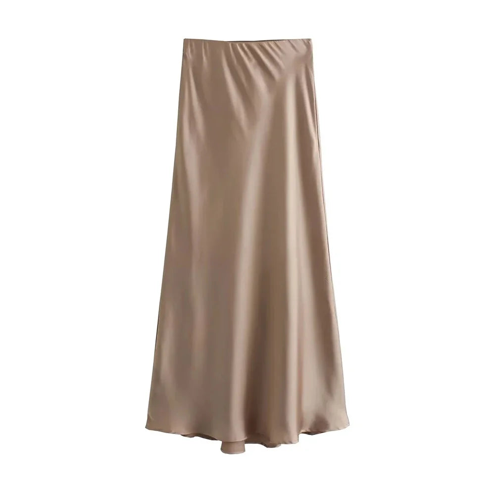 Women's Flowing Satin Midi Skirt, High Waist With Elastic Waistband, Female Skirts, Chic Fashion